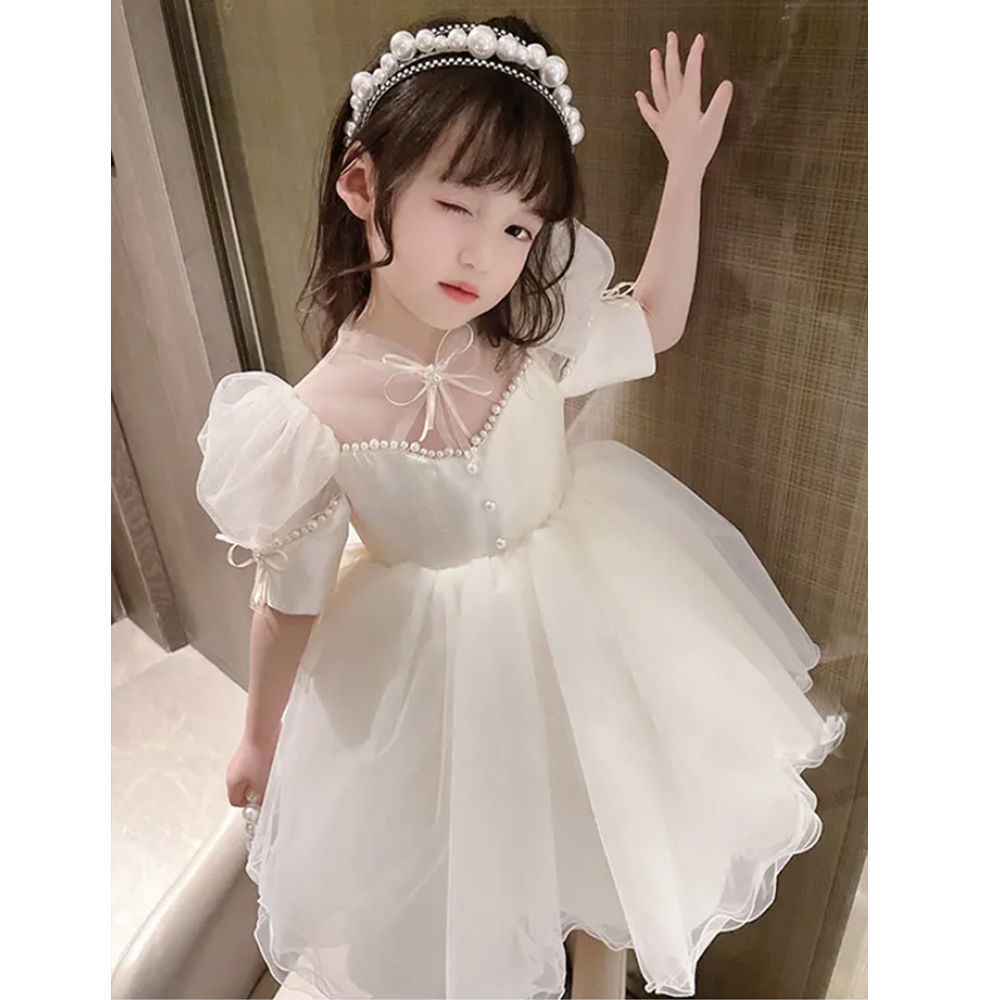 Đầm Xòe Công Chúa Màu Trắng Họa Tiết Hoa Nhỏ Cao Cấp Dành Cho Bé Gái