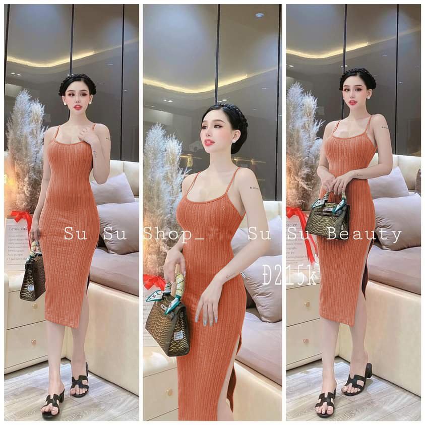 Đầm xốp 2 dây ôm body xẻ tà trơn cực xinh , chất thun xốp dày dặn