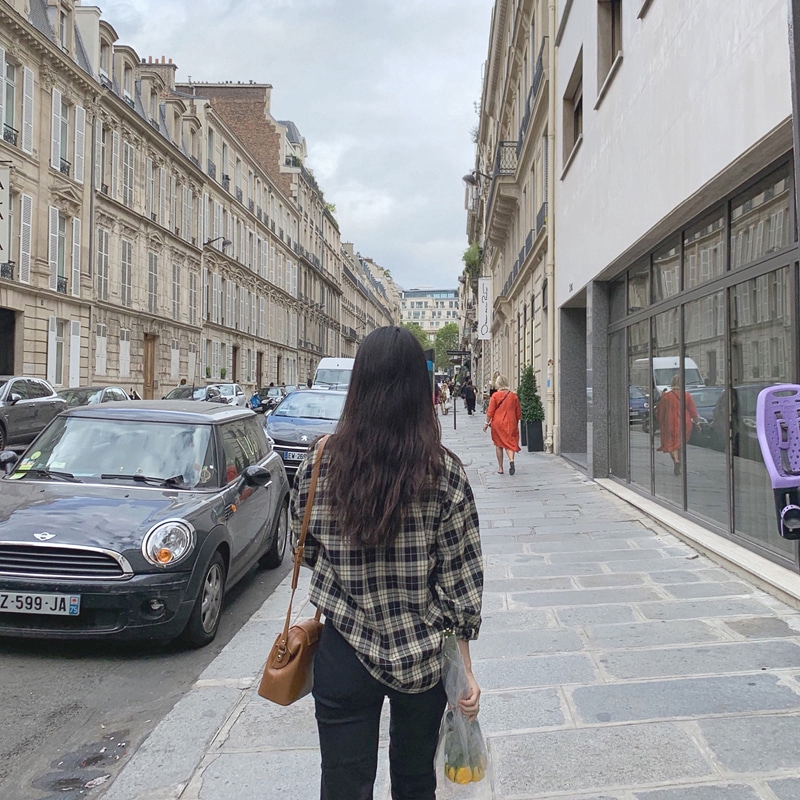 SUXI Áo Sơ Mi Caro Tay Dài Phong Cách Hàn Quốc