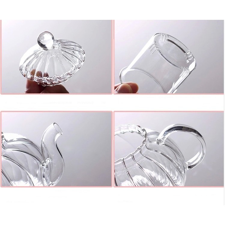 Ấm Trà Thủy Tinh Chịu Nhiệt Cao Cấp, Bình Trà Có Lõi Lọc Thủy Tinh, Ấm Thủy Tinh Vân Kẻ Bí Ngô Size 600ml Puka A3