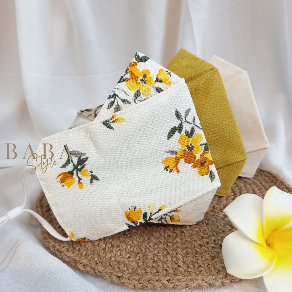 Khẩu Trang Vải Linen Cotton Hình Hoa Mai Tết 3D 3 Lớp Thời Trang Dễ Thương Mềm Mại An Toàn Mùa Dich Có Nút Tăng Giảm