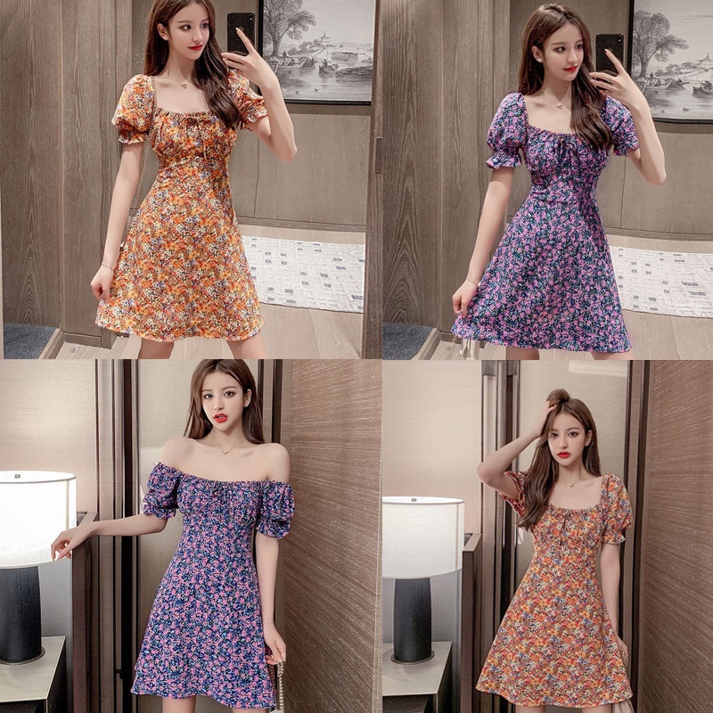 Đầm Tay Phồng Cổ Vuông Plus Size Họa Tiết Hoa Phong Cách Vintage Pháp Dành Cho Nữ