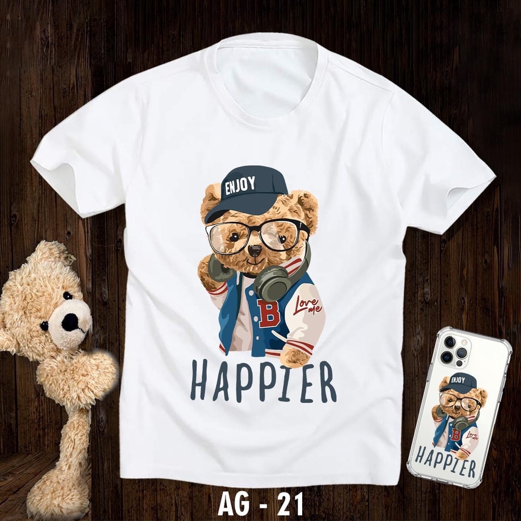 Áo Phông Moschino Gấu Happier Nam Nữ Vải Cotton Thoáng Mát Thấm Hút