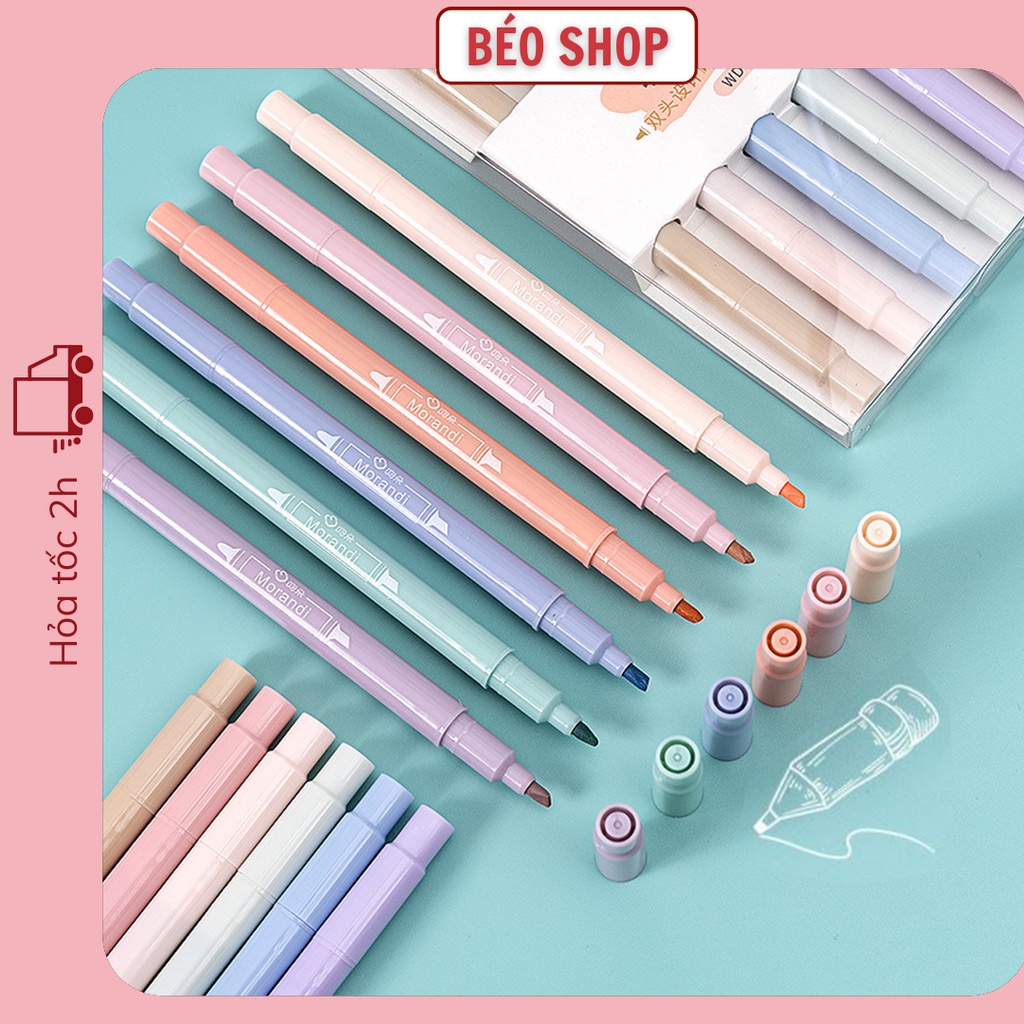 Set 6 bút highlight 2 đầu 12 màu morandi Béo shop , bút ghi chú đánh dấu nhớ dòng dạ quang vỏ pastel marker B07