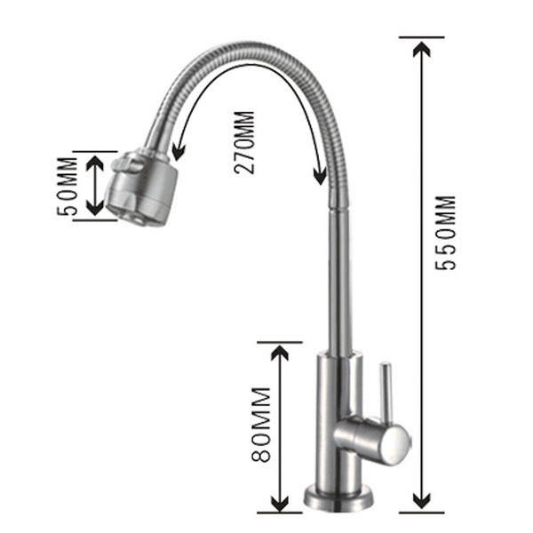 Vòi bếp (chỉ lạnh, cổ mềm) SUS304 - Hàng Cao cấp ITALIA (kèm dây cấp nước)