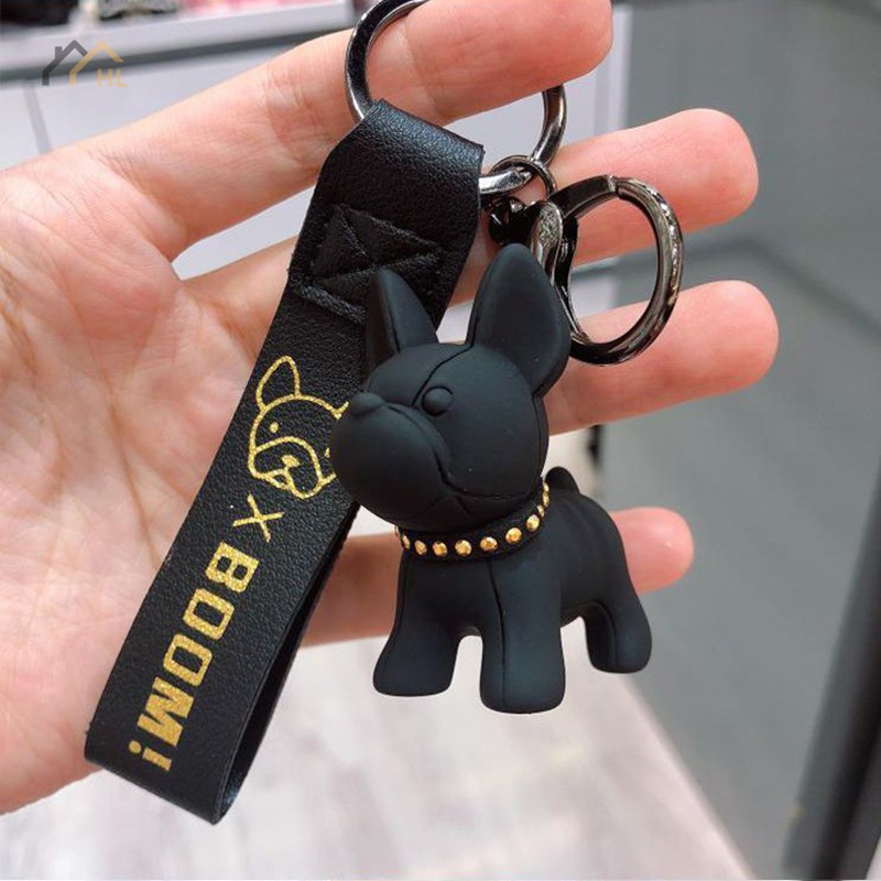 Leader French Bulldog Keychain Fashion Punk Pu Leather Strap Dog Keychains for Women Bag Pendant Jewelry Trinket Men's Car Key