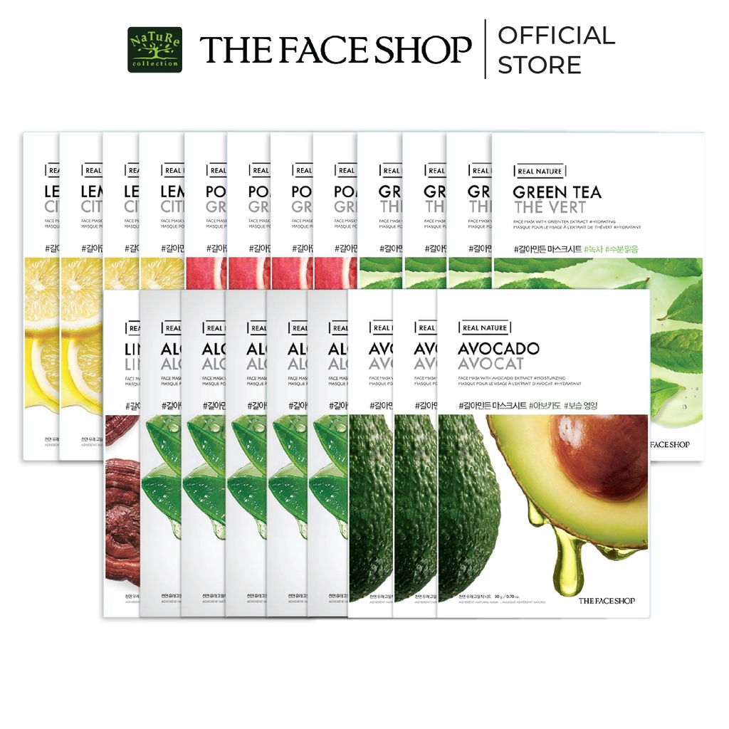 Combo 21 Miếng Mặt Nạ TheFaceShop Real Nature (linh chi,chanh,lựu,trà xanh,bơ,nha đam)21x20g