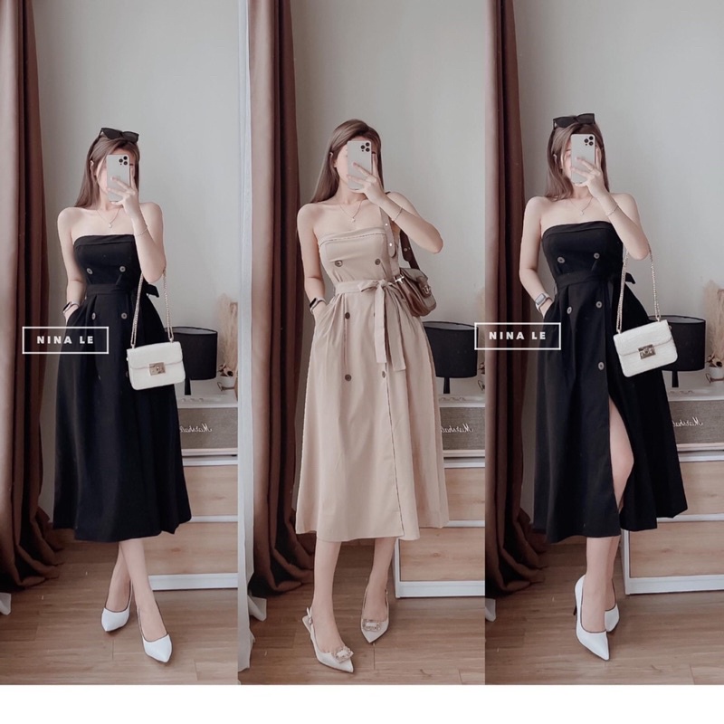 Đầm maxi phối nút cột eo