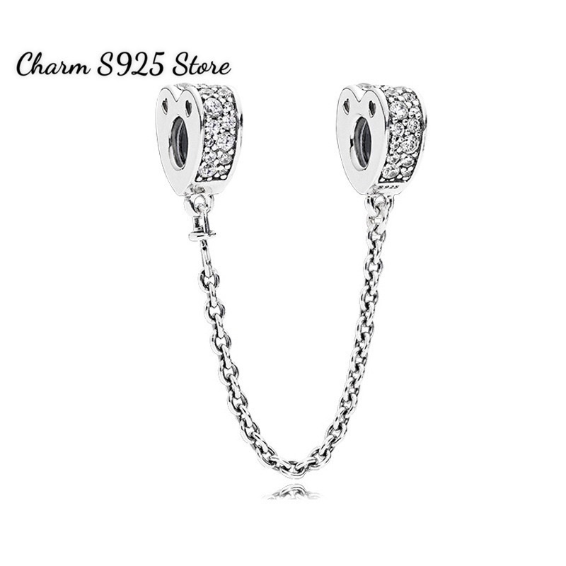 CHARM PAN ALE KHOÁ CHẶN XÍCH TIM ĐÍNH ĐÁ TRẮNG BẠC S925 HÀNG CAO CẤP