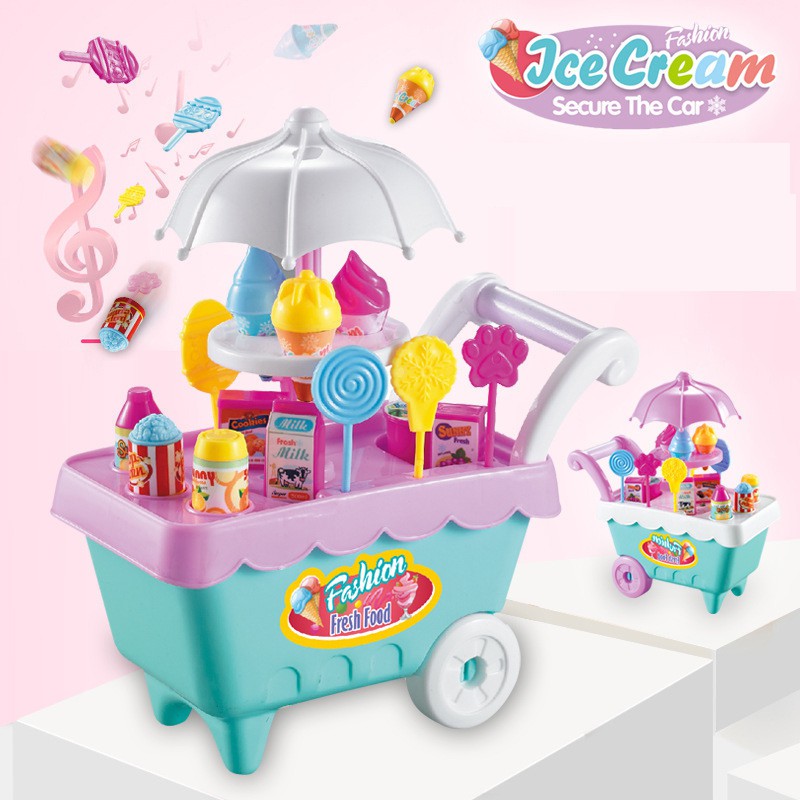 Đồ chơi, xe đẩy bán hàng kem, bánh kẹo.. dành cho bé gái dùng pin có nhạc, có đèn nhiều chi tiết nhựa an toàn màu hồng