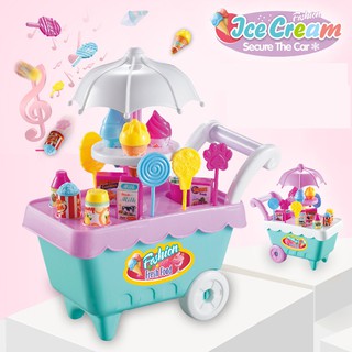 Đồ chơi xe đẩy bán hàng kem, bánh kẹo dành cho bé gái dùng pin có nhạc có đèn 30 chi tiết nhựa an toàn
