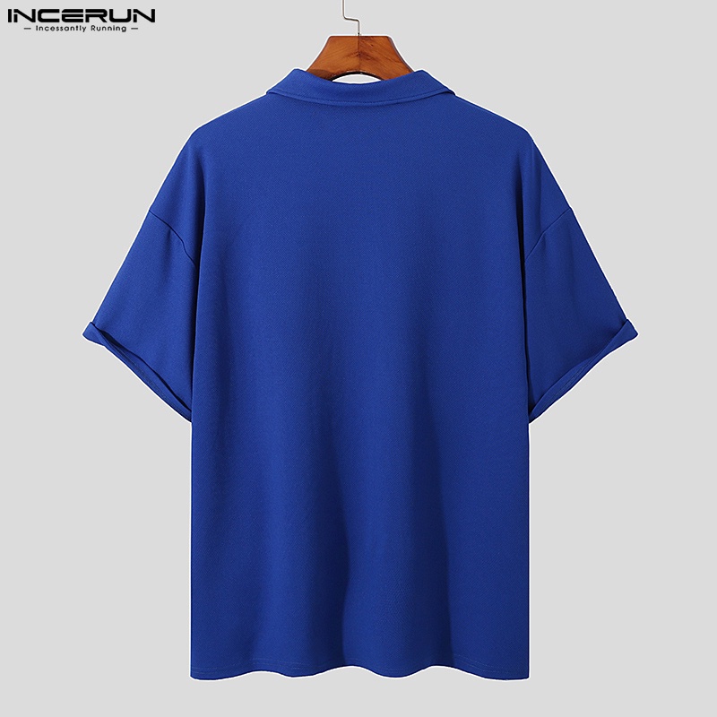 Áo thun polo INCERUN tay ngắn màu trơn dáng rộng phối khóa kéo thời trang cá tính cho nam