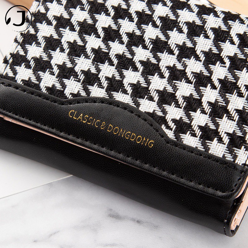 KAITIFEI Ví nữ bỏ túi Houndstooth nhiều ngăn canvas dáng ngắn gập cầm tay mini họa tiết kẻ sọc khóa cài đa năng