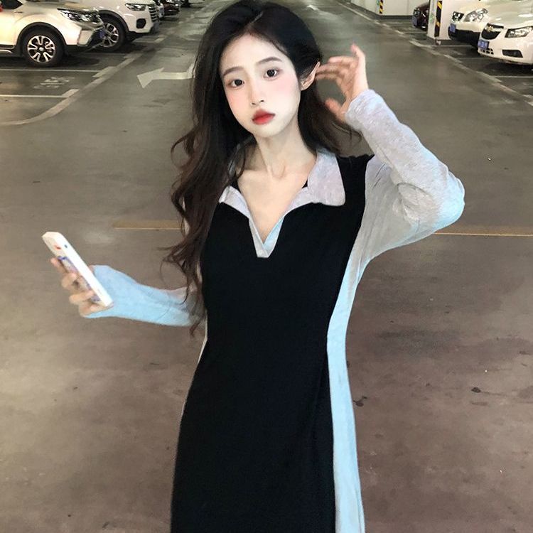 Đầm COZOKC tay dài cổ polo ôm eo màu tương phản phong cách Hàn Quốc