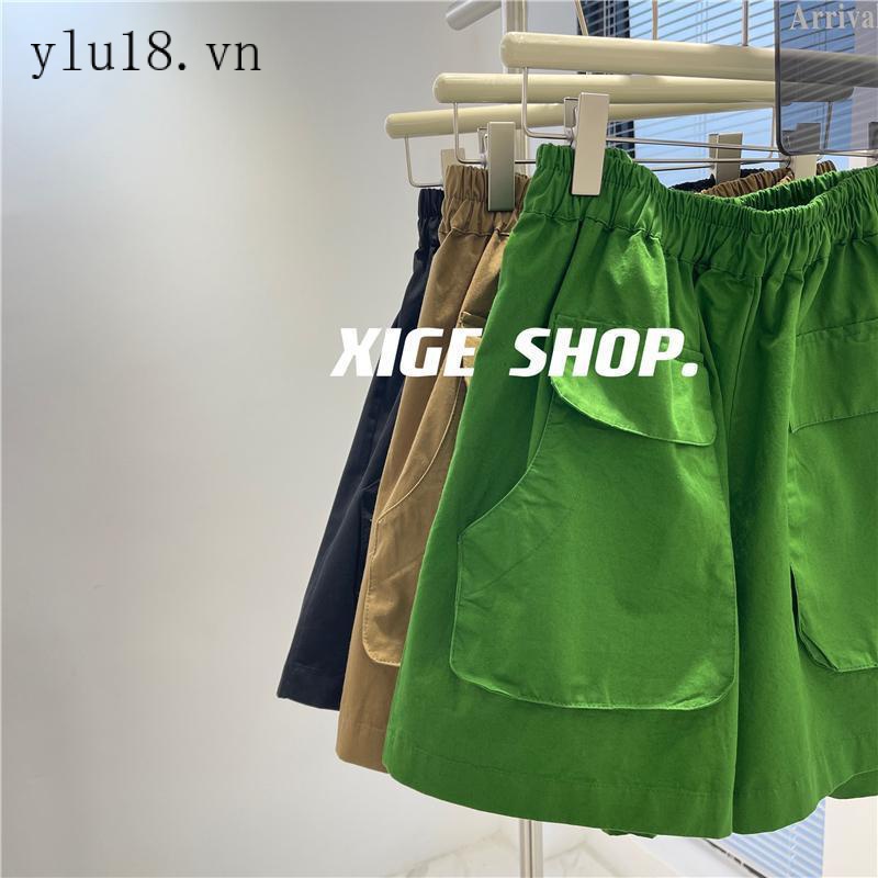 Quần Short Dáng Chữ a Lưng Cao Ống Rộng Phối Túi Lớn 300 Jin Phong Cách Hồng Kông Thời Trang Mùa Hè Cho Nữ