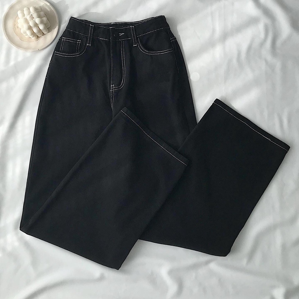 [ HỚN HỞ ] QUẦN JEANS ỐNG RỘNG NỮ LƯNG CAO LAI CUỐN MÀU ĐEN CHỈ NỔI FORM DÀY DẶN MỀM MỊN CAO CẤP NITI PHONG CÁCH NỔI BẬT