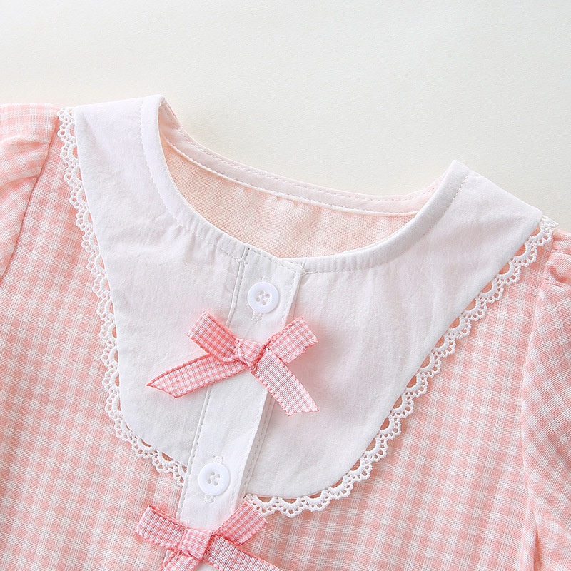 Áo Liền Quần Tay Dài Bằng Cotton Phối Ren Hoa Dành Cho Bé Gái 0897
