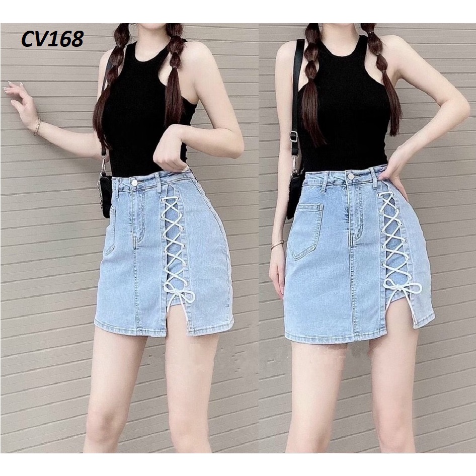 Chân váy jeans đan dây co giãn có lót quần CV168