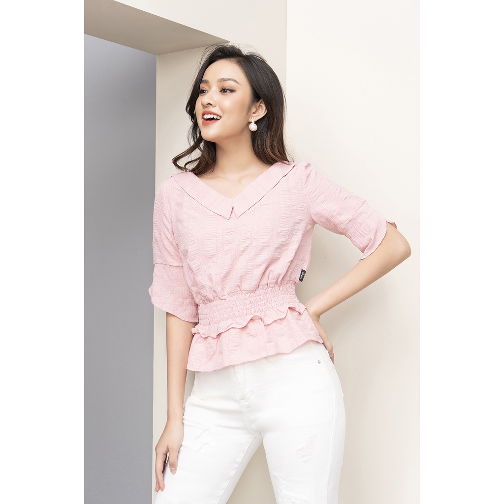 Áo sơ mi nữ công sở  cổ V tay lỡ bo gấu bánh bèo cao cấp LUPERI LFSM1176