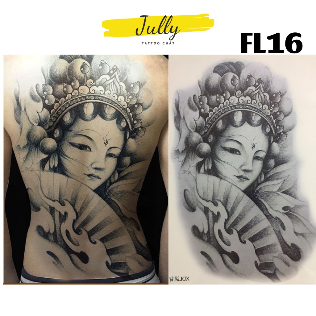 Hình xăm dán kín, full, bít lưng, xăm tạm thời chống nước cô gái nhật Geisha JULLY Tattoo chất cho cả nam và nữ