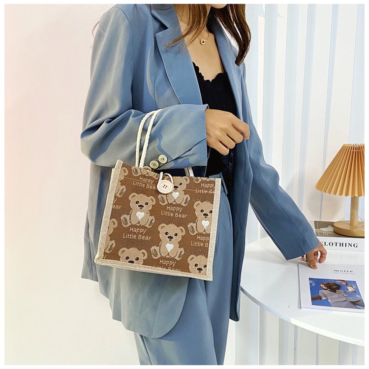 Túi Tote Vải Canvas Dáng Vuông In Hình Gấu Hoạt Hình Siêu Nhẹ Dễ Thương