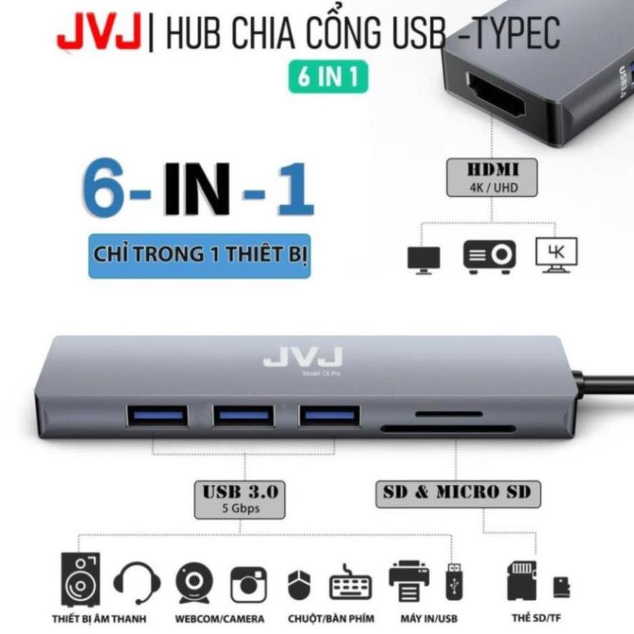 Hub type C USB C6 JVJ 6 trong 1 đa năng cổng chuyển đổi chia cổng USB 3.0 tốc độ 500Mb/s SD, TF, 4K,HDMI cho MacBook lap