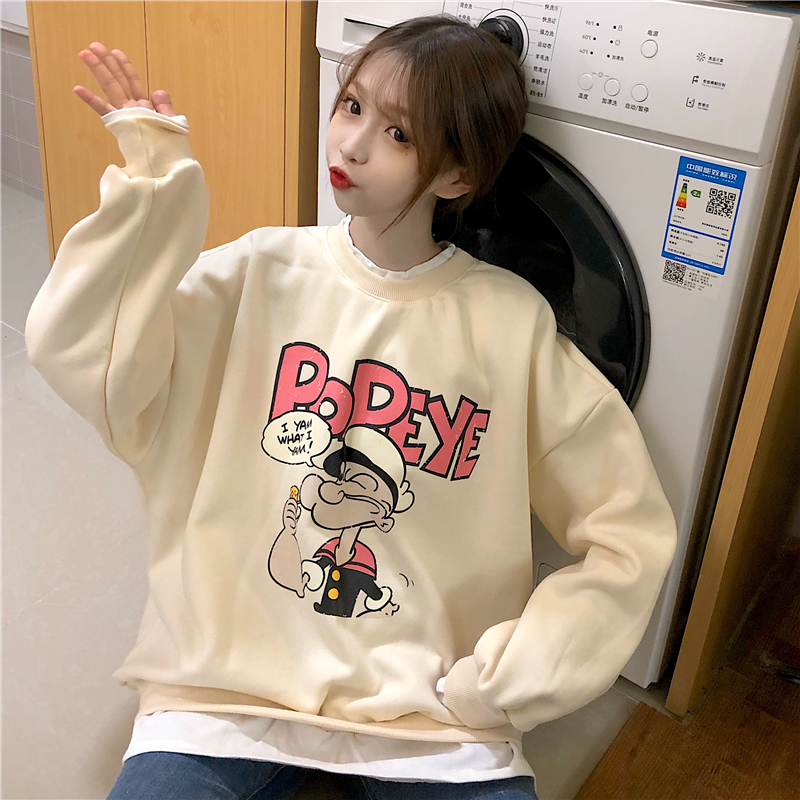 Áo sweater vải nhung dáng rộng cổ tròn có in họa tiết phong cách Hàn Quốc cho nữ | BigBuy360 - bigbuy360.vn