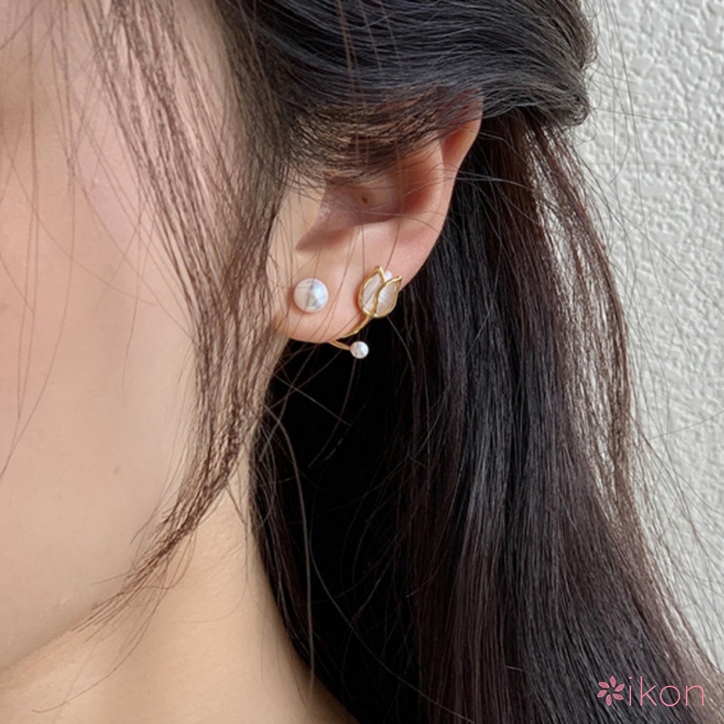 Bông Tai Hình Hoa Tulip Đính Ngọc Trai Hai Đầu Thiết Kế Nhỏ Nhắn Thời Trang Cao Cấp