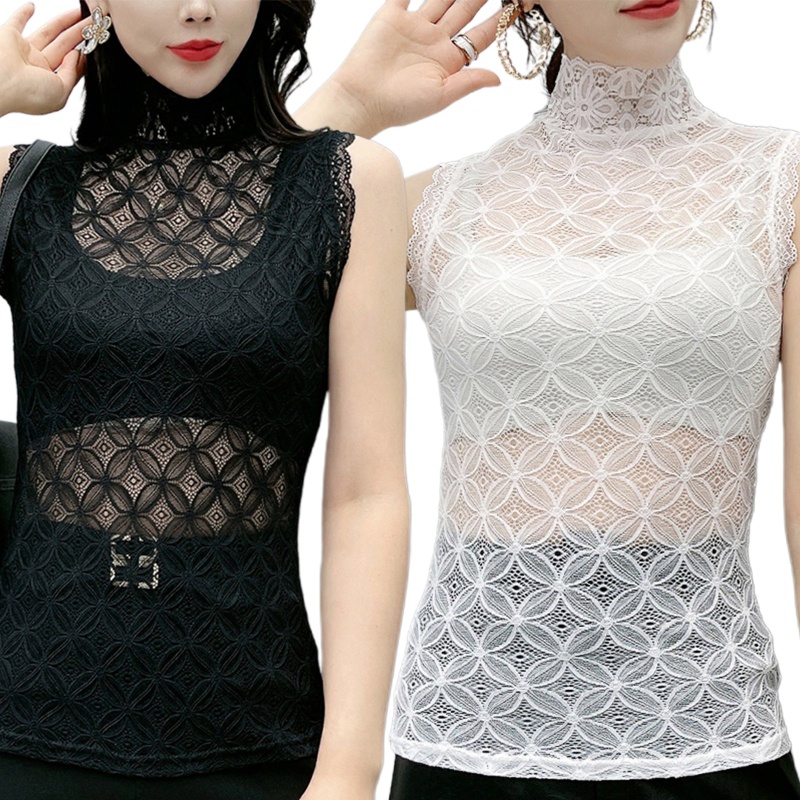 Áo Ren Không Tay Cổ Rùa Màu Trơn Thêu Hoa Đính Đá Có Thể Tháo Rời Màu Sắc Xinh Xắn Dành Cho Nữ