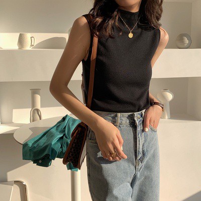 Áo dệt kim không tay cổ cao dáng ôm thời trang dành cho nữ