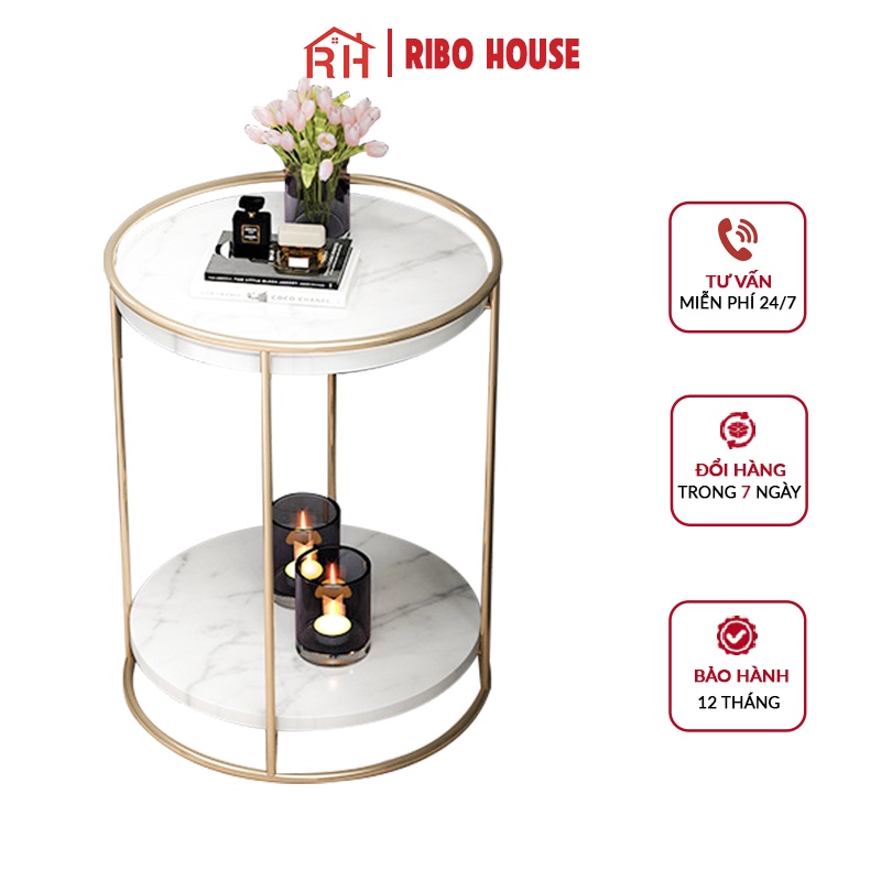 Bàn trà tròn sofa RIBO HOUSE mặt đá 2 tầng, bàn decor phòng khách ban công tiệm nails spa salong tóc mẫu 8 RIBO185