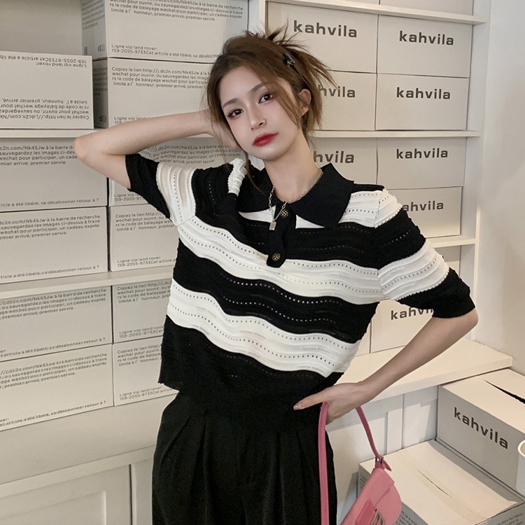 Áo thun ZHELIHANGFEI dệt kim cổ polo tay ngắn dáng rộng kẻ sọc ngang màu sắc tương phản cá tính