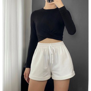 Áo Thun Tay Dài Croptop Freesize Chéo Eo Màu Trắng - Màu Đen