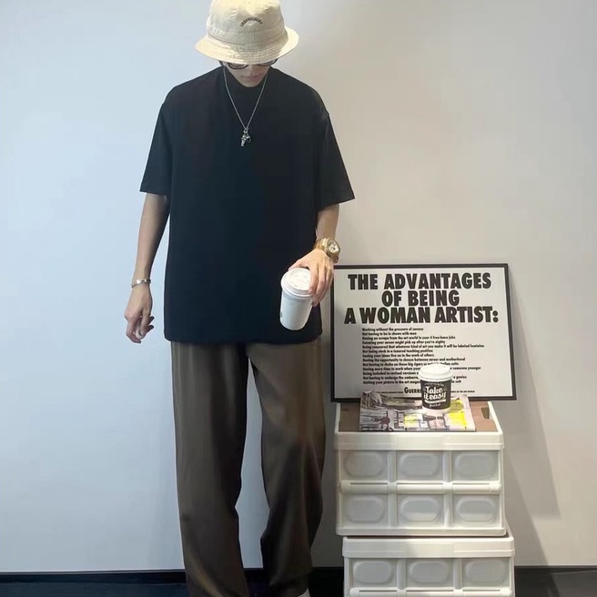 Áo len cổ lọ tay lửng dáng ôm thời trang xuân thu mới áo thun nam tay lỡ  áo phông nam đen Mùa hè mới lỏng màu đen bình thường