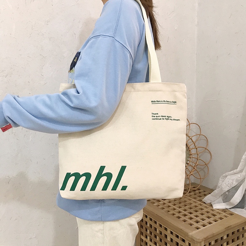 Túi Tote Vải Canvas MHL Nữ phong cách Ulzzang Có Khóa Kéo chất liệu dày dặn