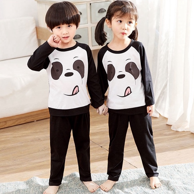 Bộ Đồ Ngủ Cotton Tay Dài Cổ Tròn In Họa Tiết Hoạt Hình Đơn Giản Thoáng Khí Cho Nam Và Nữ
