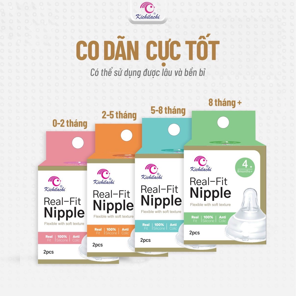 Núm vú bình sữa cổ rộng Kichilachi, núm ti bình sữa silicon siêu mềm