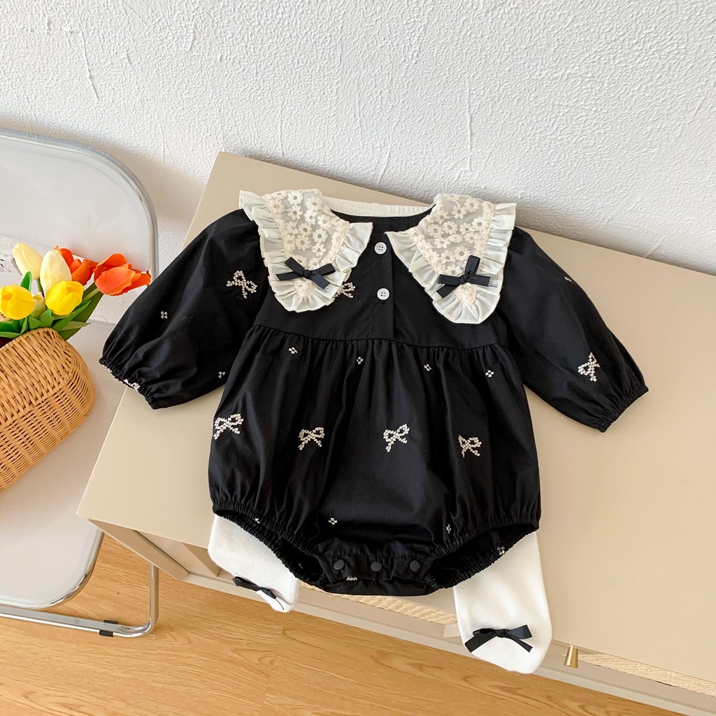 Áo Liền Quần Tay Dài Cổ Ren Thắt Nơ Màu Đen Phong Cách Công Chúa Cho Bé Gái
