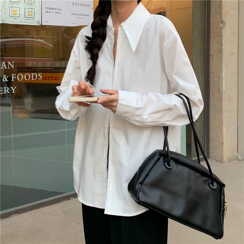 Áo sơ mi SUXI tay dài thiết kế khóa kéo thanh lịch thời trang cho nữ