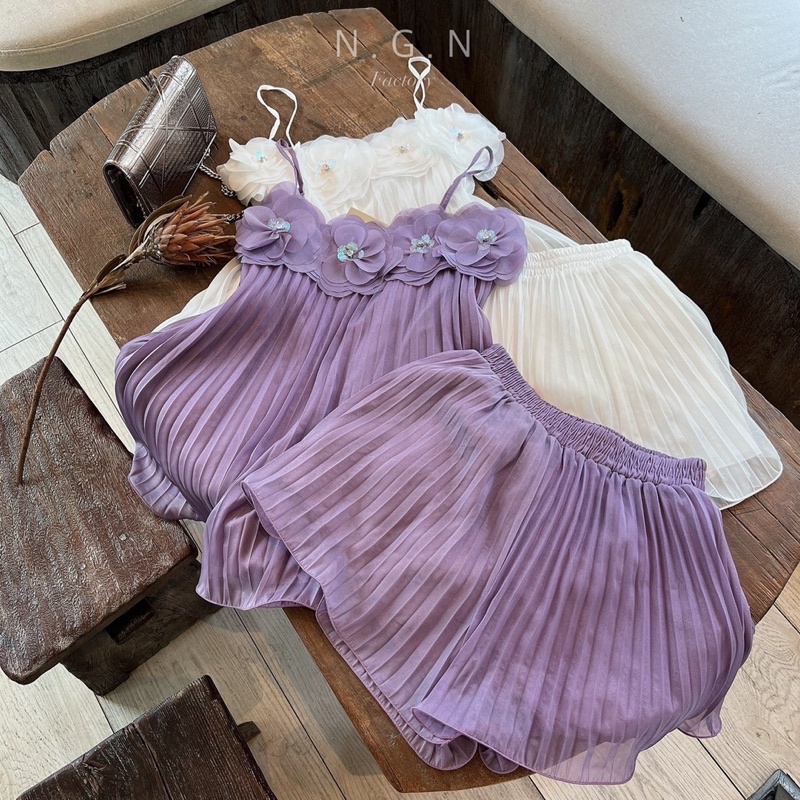 Sét hai dây xếp li đính hoa đá