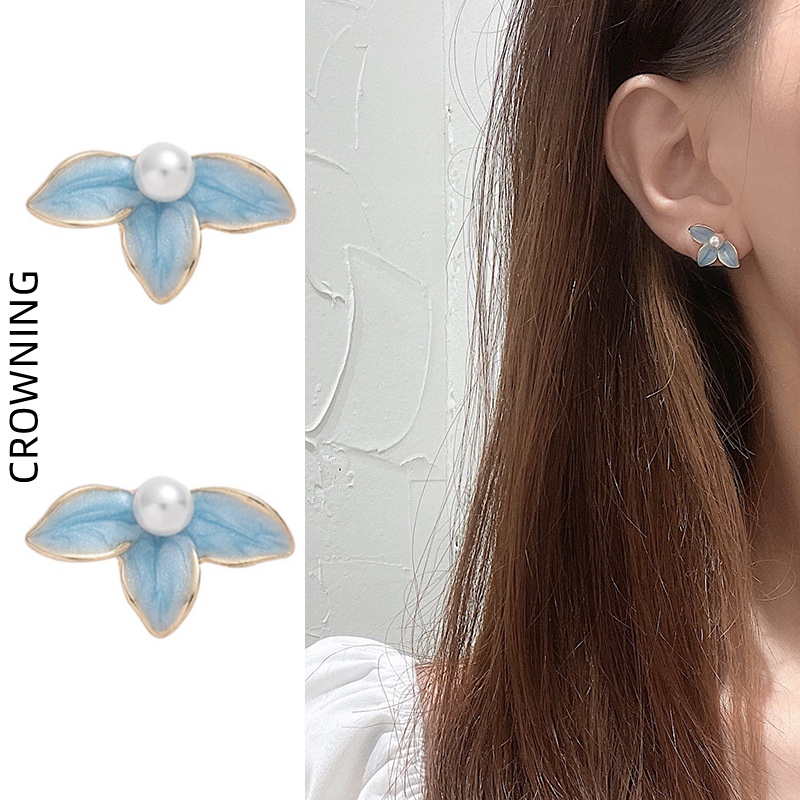 Bông Tai Mạ Bạc 925 Hình Hoa Đính Ngọc Trai Phong Cách Pháp Mới F909