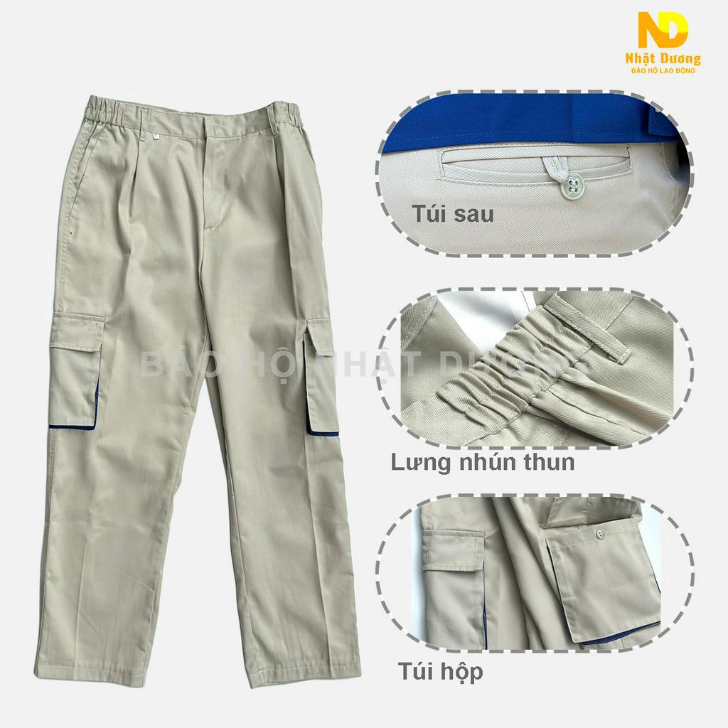 Quần áo lao động nam nữ túi hộp vải kaki 3/1 màu ghi ND19, Đồ bảo hộ lao động Nhật Dương dài tay bền chắc