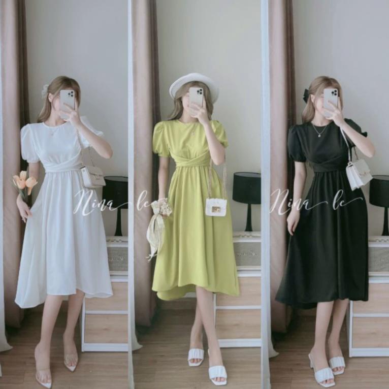 TTL Đầm váy midi xanh bơ dáng xòe chéo eo nhún cổ tròn tay phồng ngắn tiểu thư Nina lê