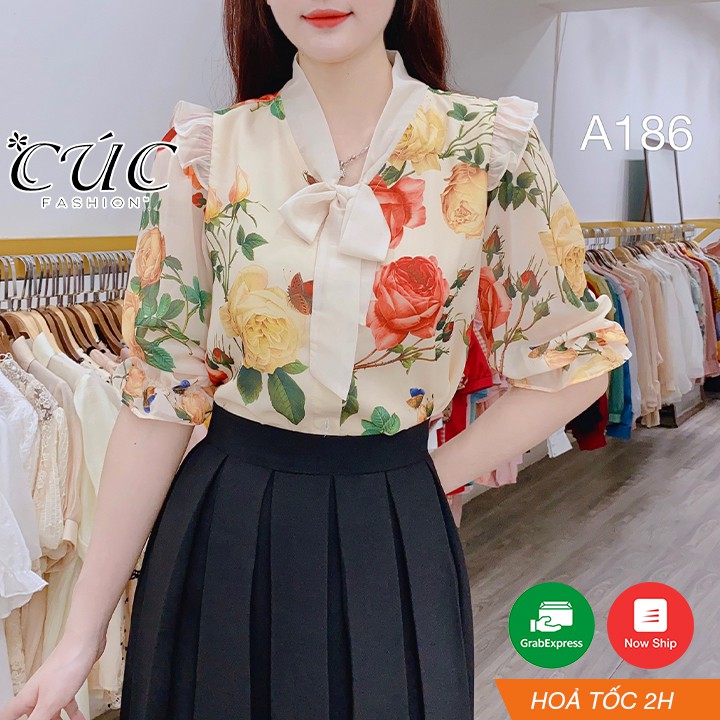 Áo sơ mi nữ cao cấp công sở Cúc Fashion A186 áo hoa tơ 2 lớp