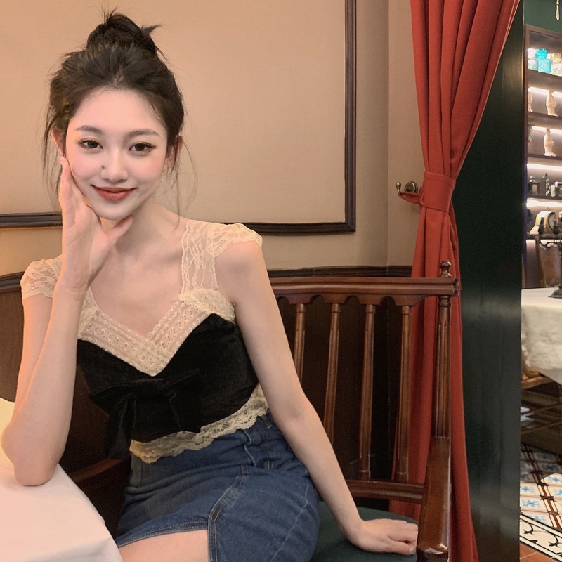 Áo Hai Dây Đính Nơ Phối Ren Quyến Rũ Thời Trang Mùa Hè Cho Nữ