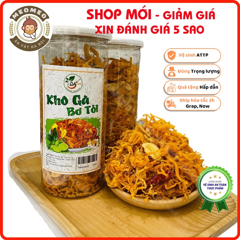 Khô gà bơ tỏi, khô gà xé cay 300g loại ngon, gà khô bơ tỏi chuẩn vị MEOMEO đồ ăn vặt Hà Nội, tốt cho sức khỏe, ít béo
