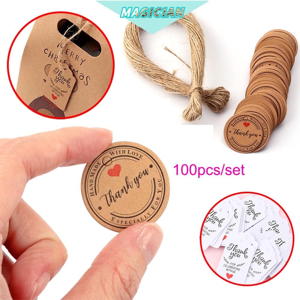 Bộ 100 Miếng Giấy Kraft In Chữ Thank You Màu Nâu Kèm 20m Dây Treo Dùng Trang Trí Giáng Sinh/Tiệc Cưới DIY