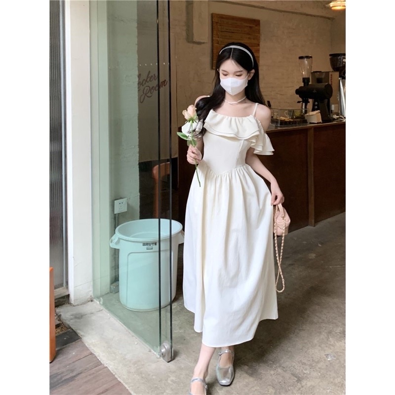 Váy dài trễ vai tay 2 lớp bèo