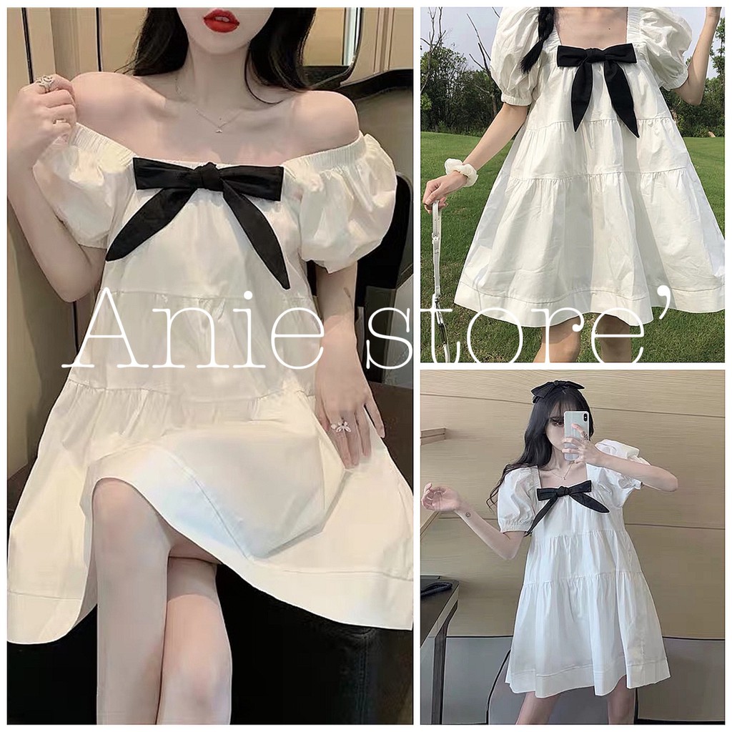 Váy Babydoll Cổ Vuông Nơ Gài 🦋FREESHIP🦋 Đầm Trắng Nữ Cộc Tay Nơ Đen