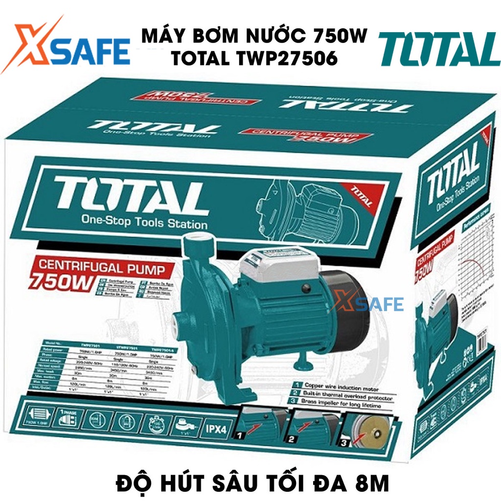 Máy bơm nước 750W TOTAL TWP27506 motor dây đồng Máy bơm nước Total chiều cao bơm tối đa 30m, lưu lượng tối đa 60 lít/ph